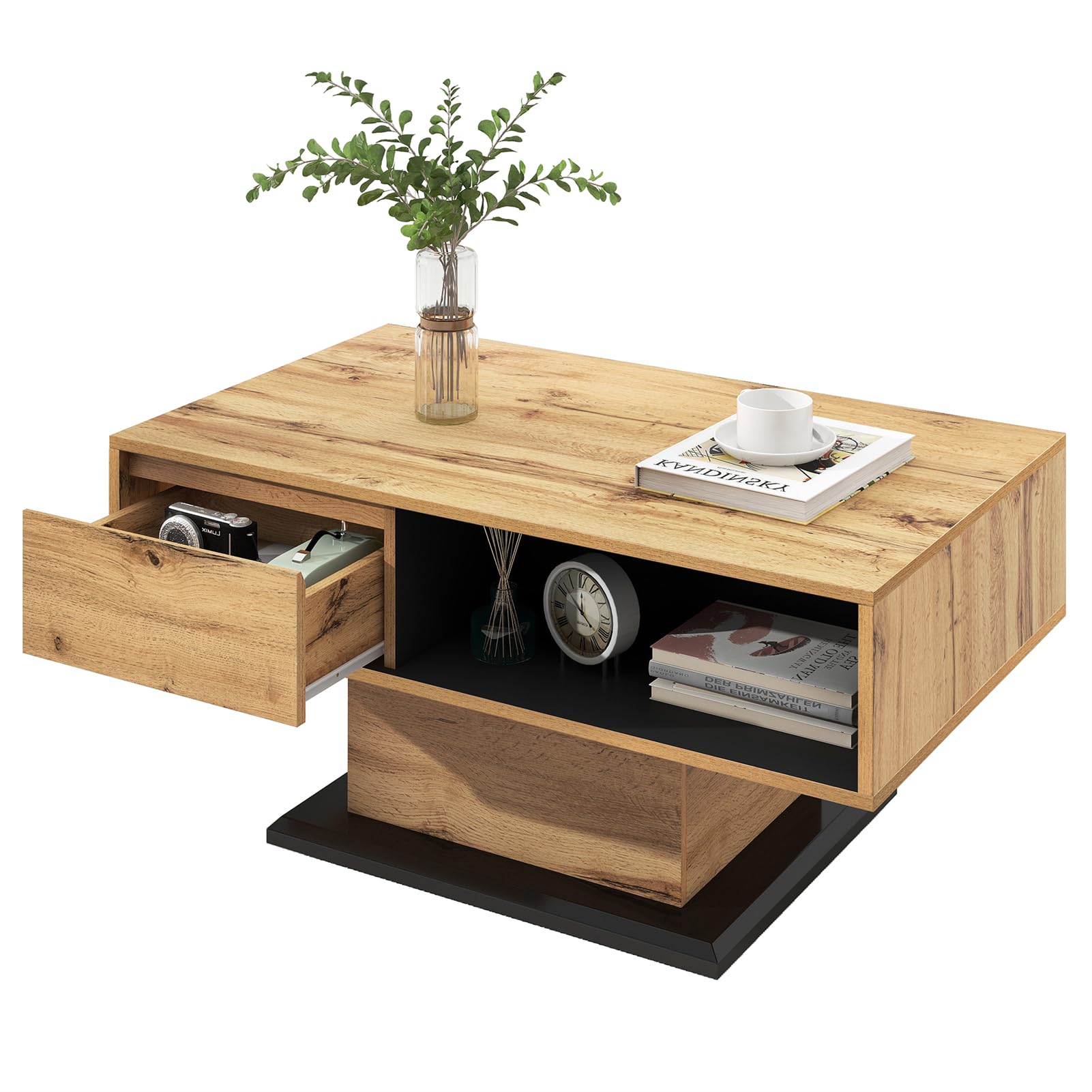 Sweiko Table basse moderne en bois grain de bois, table d'appoint avec un tiroir sans poignée, espace de rangement double face, bureau, canapé de salon, grand espace de rangement