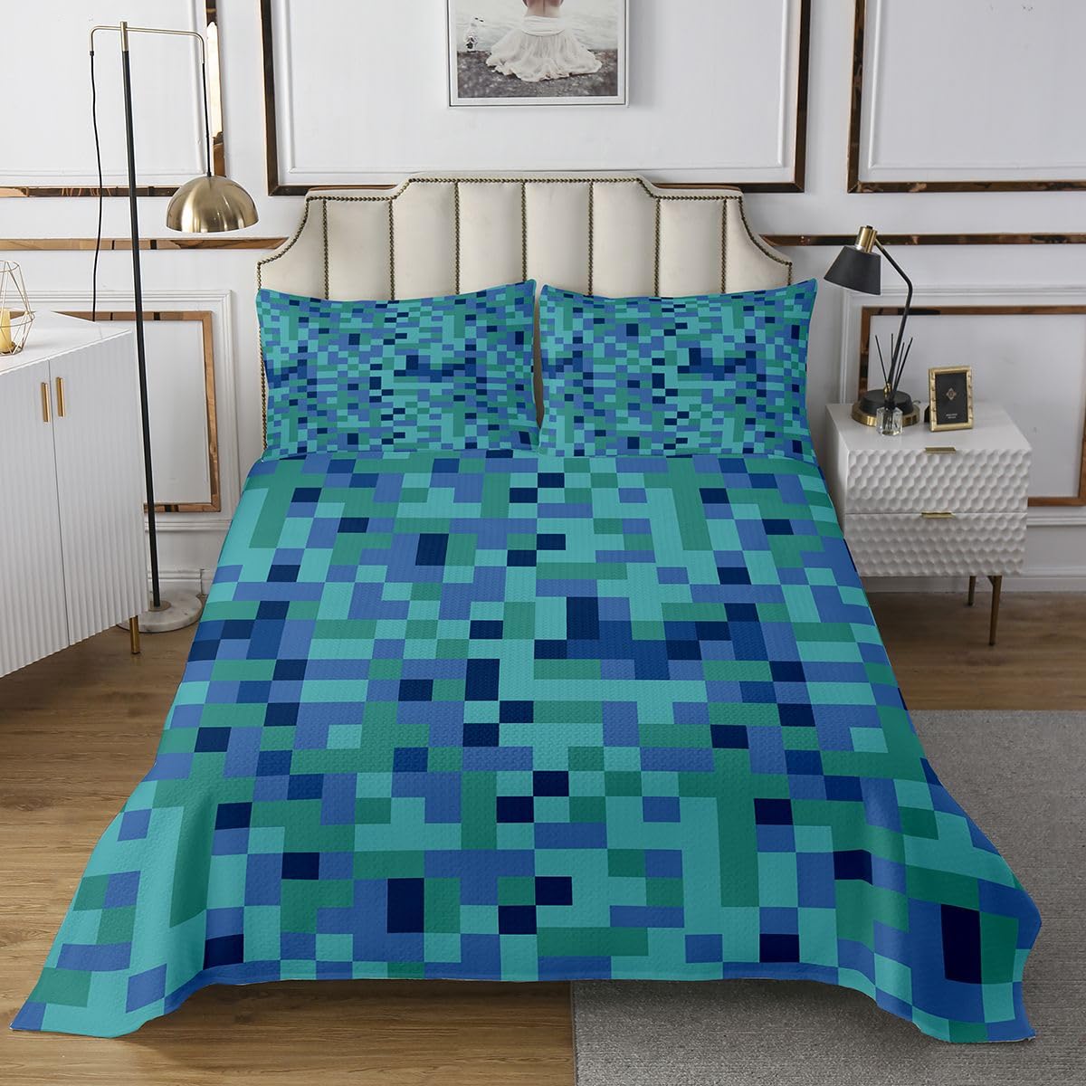 Kwadratowe bloki patchworkowe, kołdra dla dzieci, nastolatków, dorosłych, patchwork, zielona, niebieska, zestaw pościeli, rozmiar S