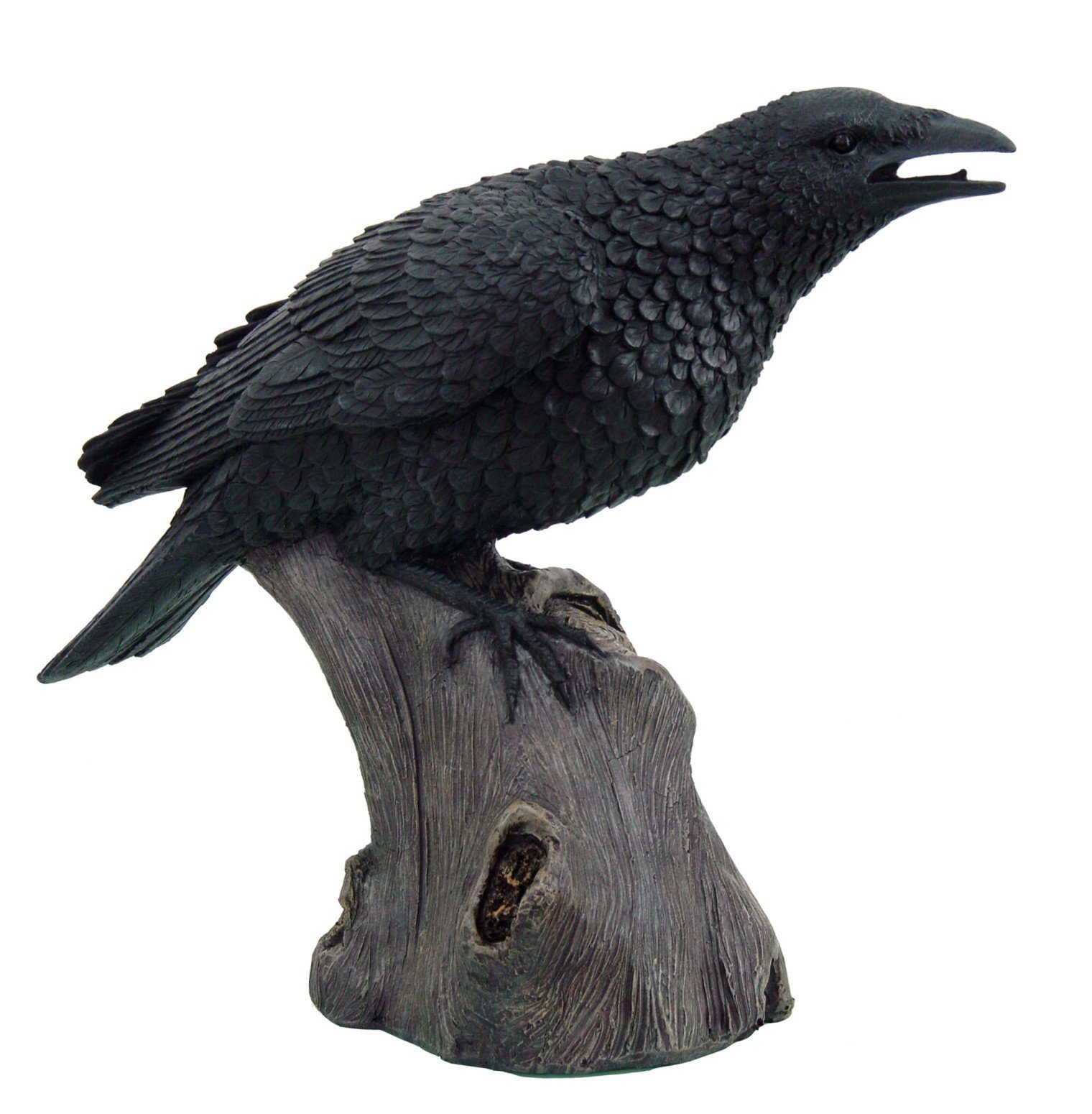 Statue corbeau noir 35cm sur souche d'arbre idéale pour sublimer une bibliothèque ou un bureau