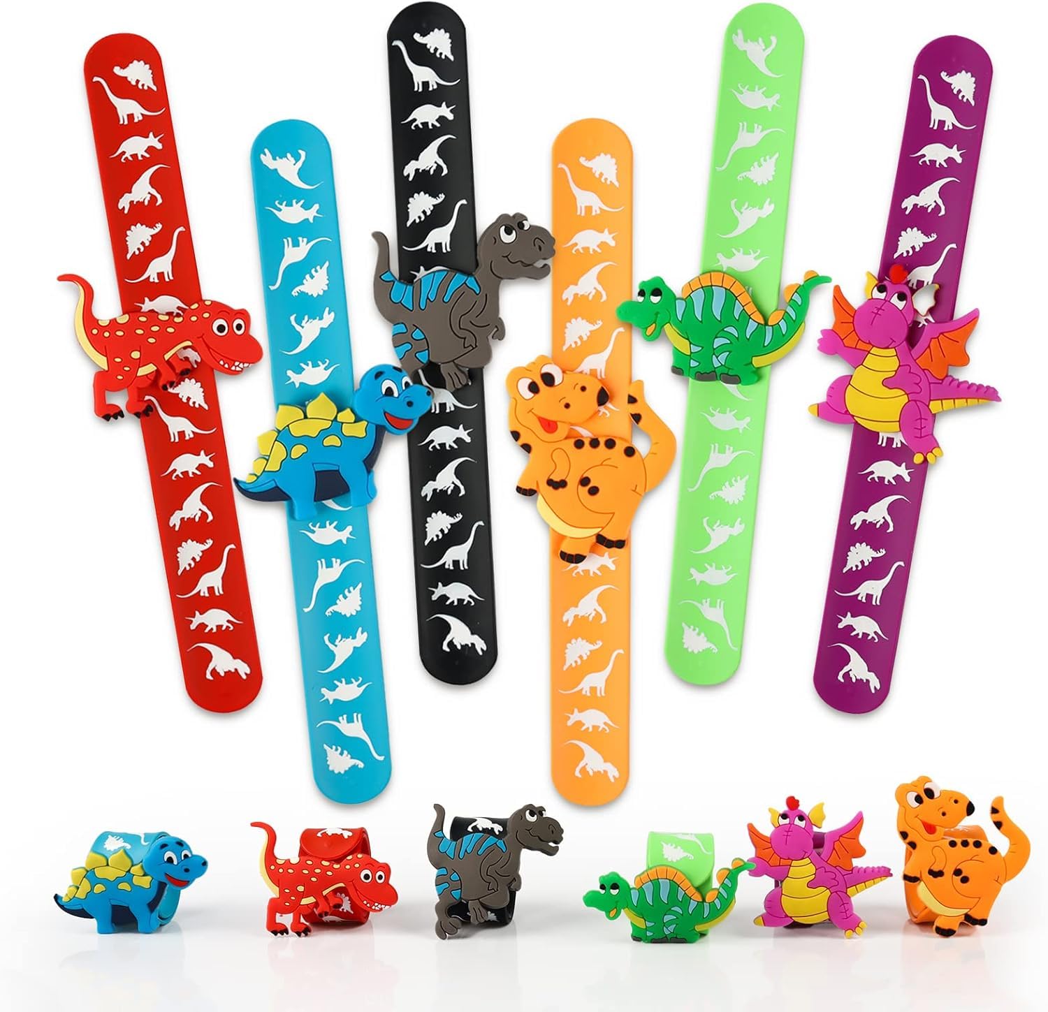 STORE 2508 Pack of 6 Silicone Dinosaur Slap Bracelets for Kids & Adults Ideal for Dinosaur Fans Dinosaur Theme Parties Dinosaur Return Gifts Colourful Snap Bracelets Kids Snap Bands (Pack of 6)