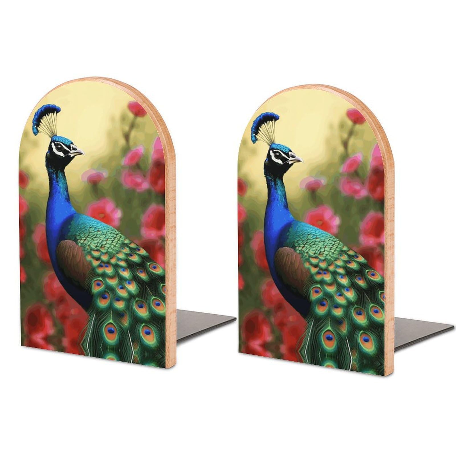 Sujetalibros de madera con flores de pavo real artesanales y base de metal estable