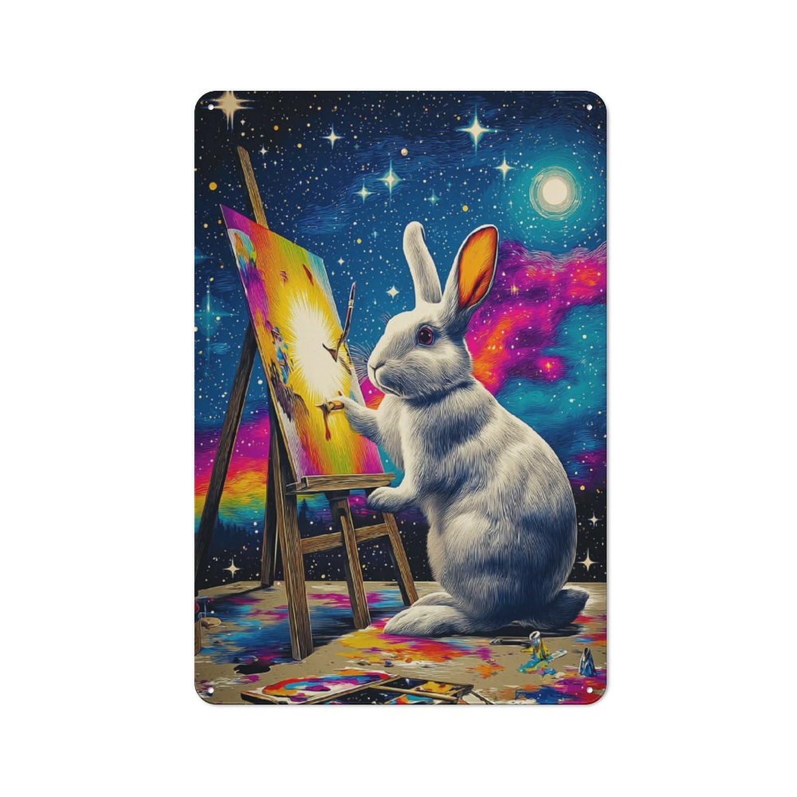Rabbit Painting in Space -1 Retro-style Tin Sign 30x20cm for Guest Room Or Hallway, for An Autumn Update to Guest Room And Hallway