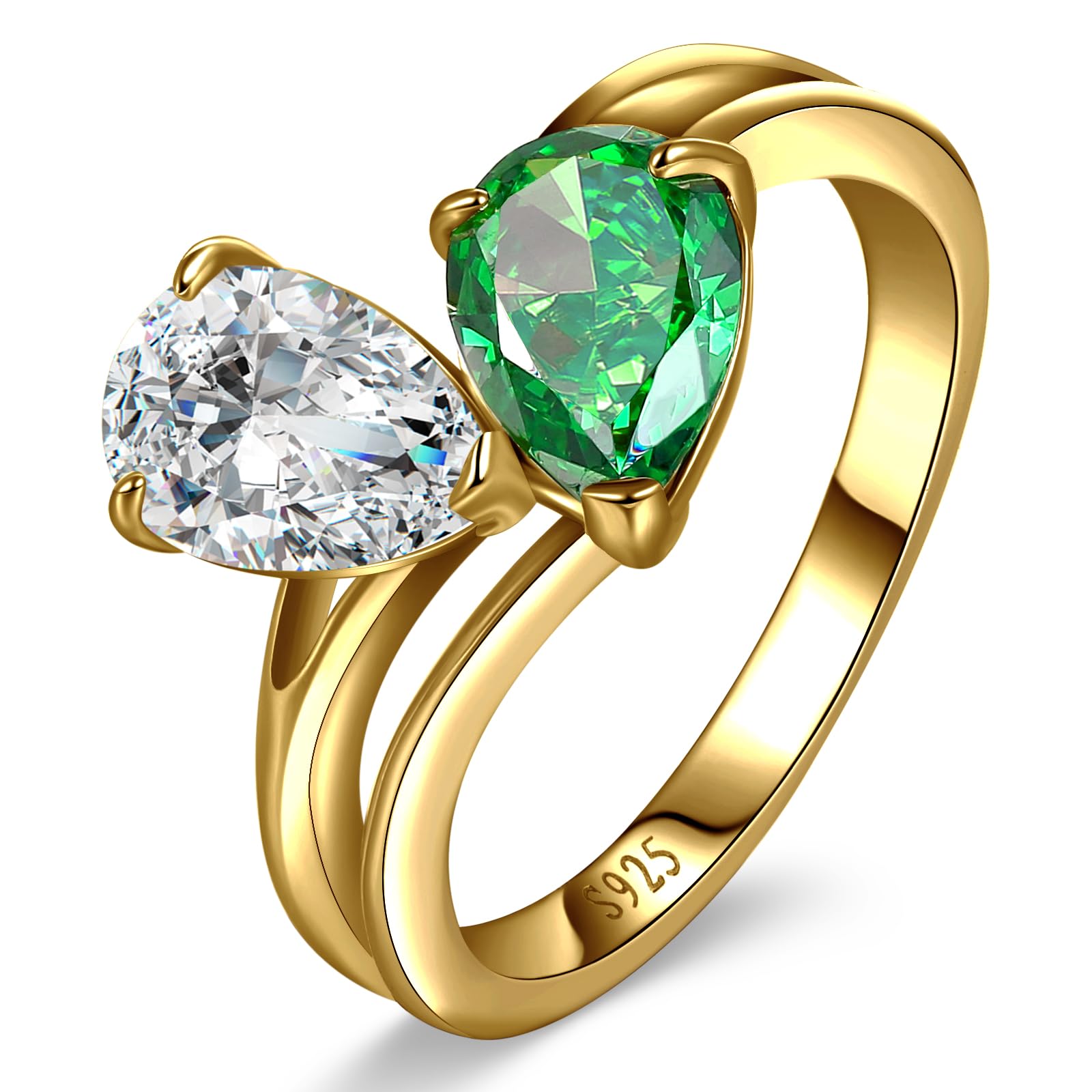 ETERMBOL 2.5ct Pear Cut Engagement Ring 925 Sterling Silver Toi et Moi Ring Created Emerald/Natural Moss Agate&Lab Created Labradorite/Opal Ring