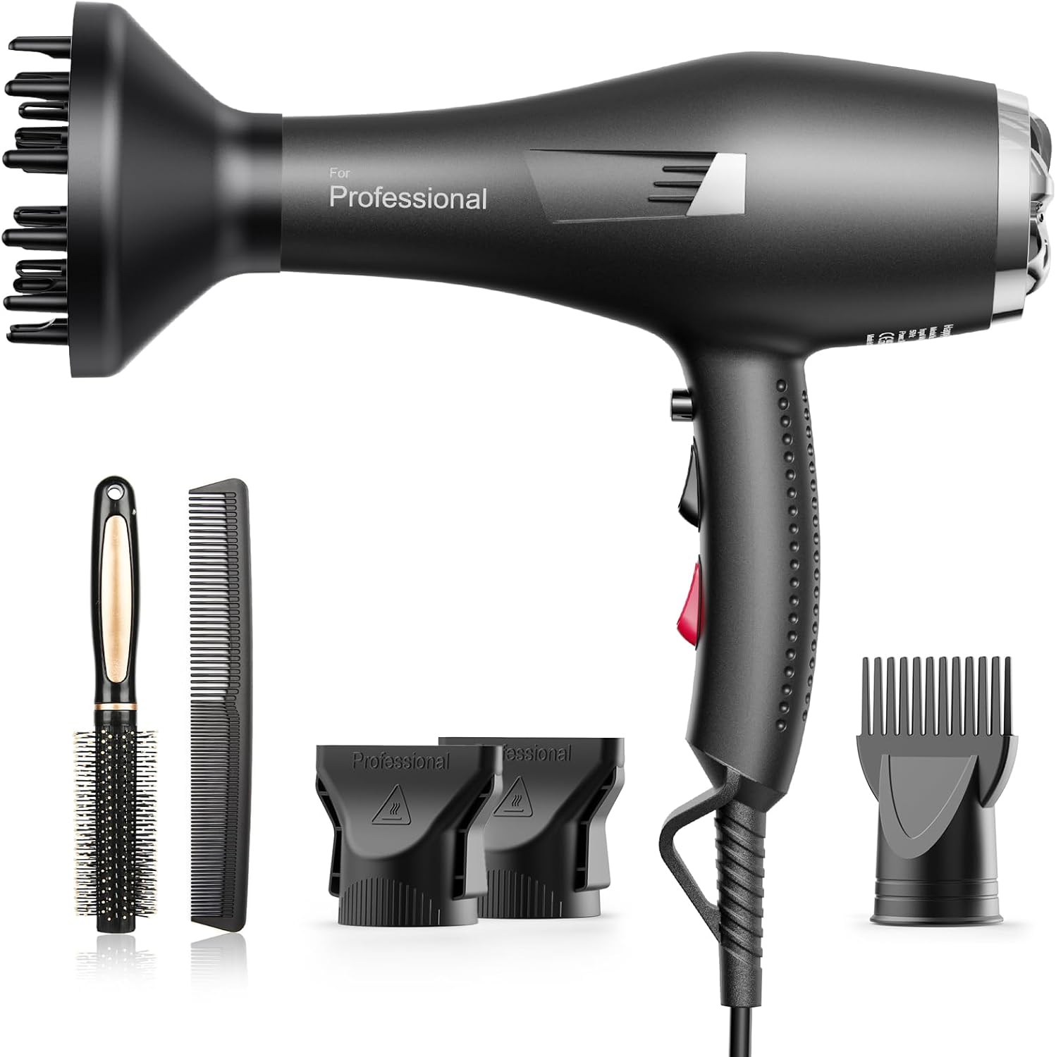 Ionic Salon Hair Dryer, Professional Blow Dryer 1600W AC Motor Fast Drying with 2 Speed, 3 Heat Setting, Cool Button, with Diffuser,Nozzle,Concentrator Comb for Curly & Straight Hair-Jet Black