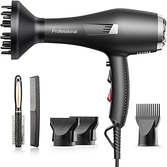 Faszin Ionic Salon Hair Dryer, Professional Blow Dryer 1600W AC Motor Fast Drying with 2 Speed, 3 Heat Setting, Cool Button, with Diffuser,Nozzle,Concentrator Comb for Curly & Straight Hair-Jet Black