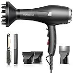 Faszin Ionic Salon Hair Dryer, Professional Blow Dryer 1600W AC Motor Fast Drying with 2 Speed, 3 Heat Setting, Cool Button, with Diffuser,Nozzle,Concentrator Comb for Curly & Straight Hair-Jet Black