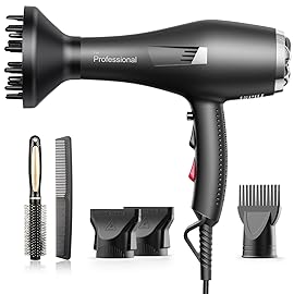 Faszin Ionic Salon Hair Dryer, Professional Blow Dryer 1600W AC Motor Fast Drying with 2 Speed, 3 Heat Setting, Cool Button, with Diffuser,Nozzle,Concentrator Comb for Curly & Straight Hair-Jet Black