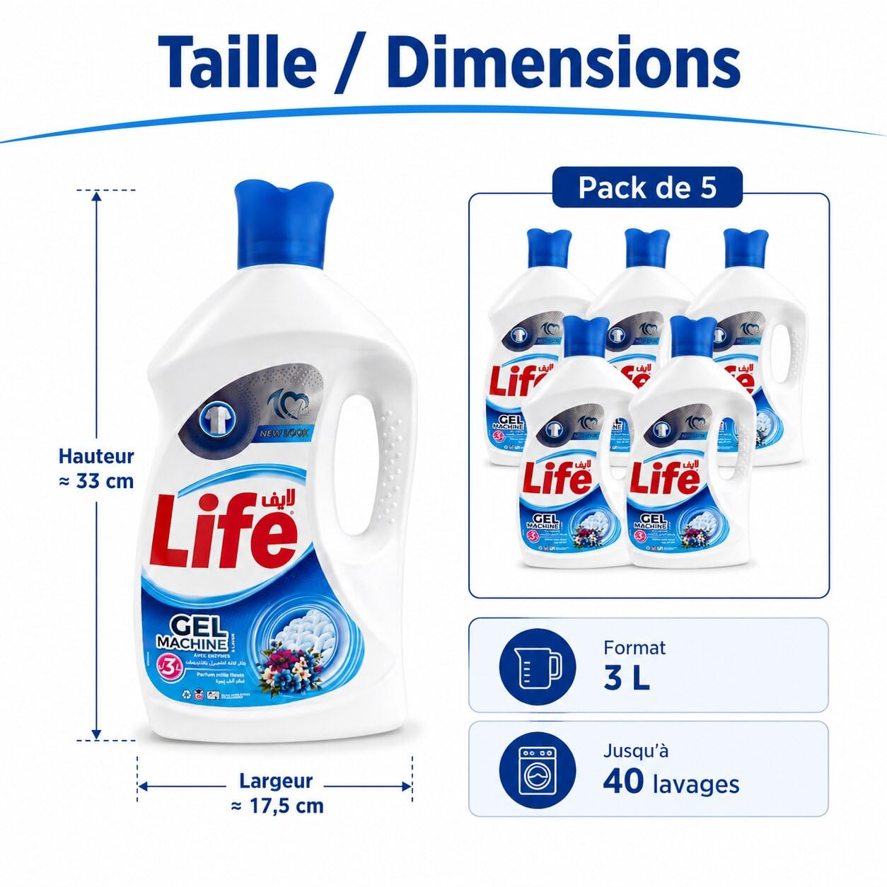 Life Lessive Liquide Mille Fleurs 3L – Pack de 5 Bouteilles – 200 Lavages au Total – Lessive Textile Parfum Floral pour Linge Propre et Frais