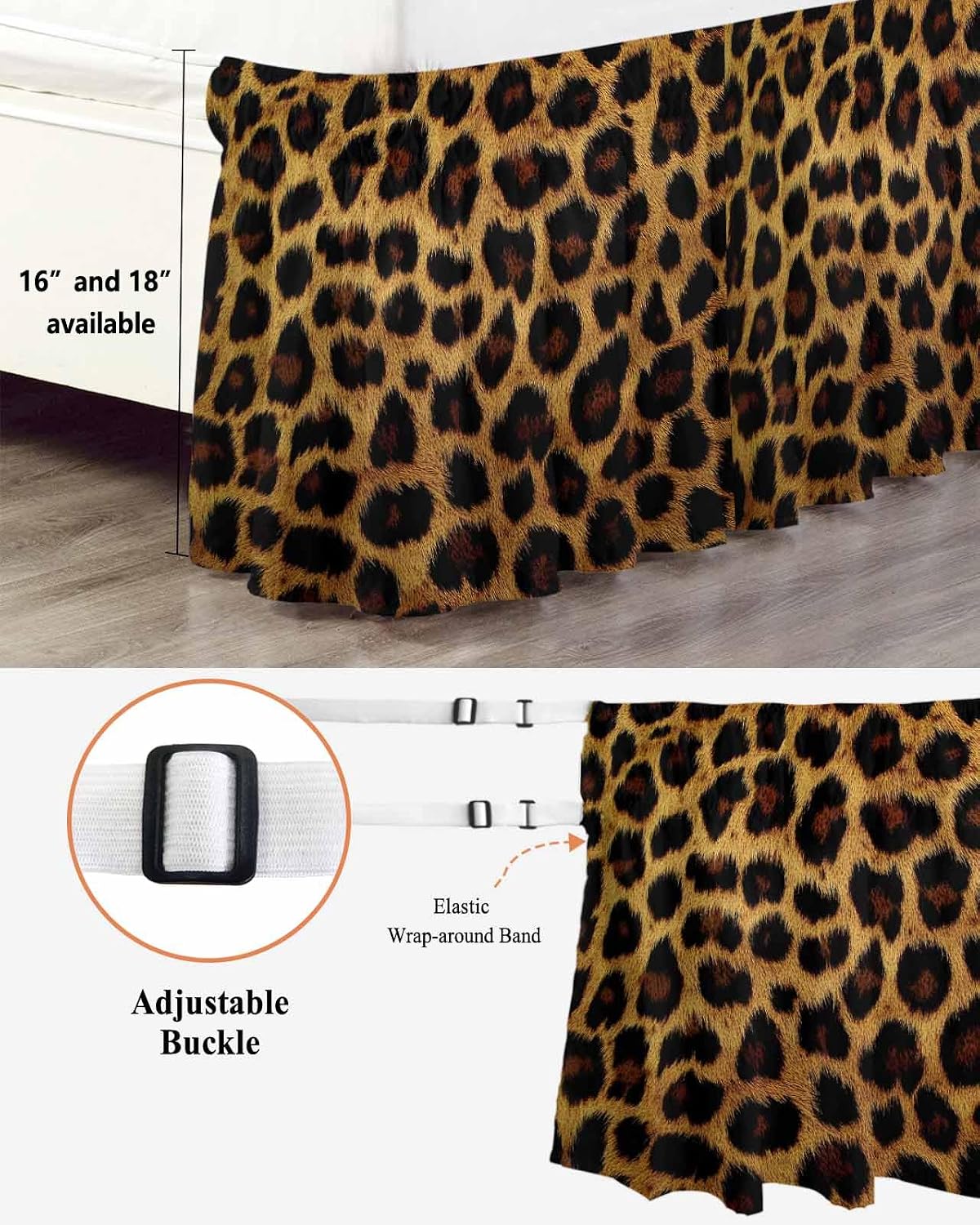 Wrap Around Bed Skirts for King Beds, Leopard Print Ruffle Bed Skirt with Adjustable Elastic Belts Easy Fit 18 Inch Drop Brown Vintage Animal