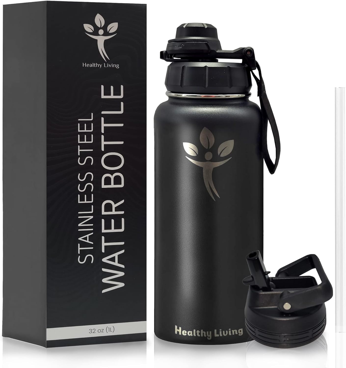 Healthy Living' Stainless Steel Water Bottle (32oz / 1L) Plus⁺ One