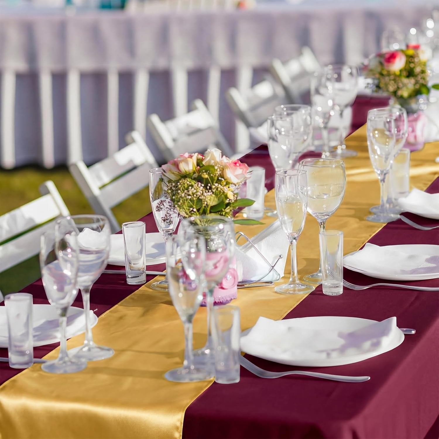Breling 8 Pack Burgundy and Gold Disposable Plastic Tablecloths and Satin Table Runner Set, 54 x 108 Inch Tablecloth, 12 x 108 Inch Table Runners for Wedding Graduation Birthday Baby Shower