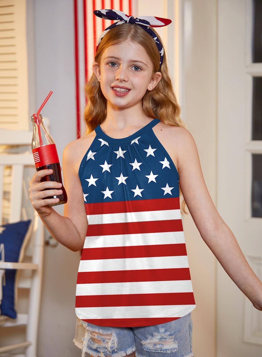BesserBay Girls Summer Back Button Halter Neck Tank Top Cold Shoulder Casual Blouse Pleated Sleeveless Shirts 5-14 Years