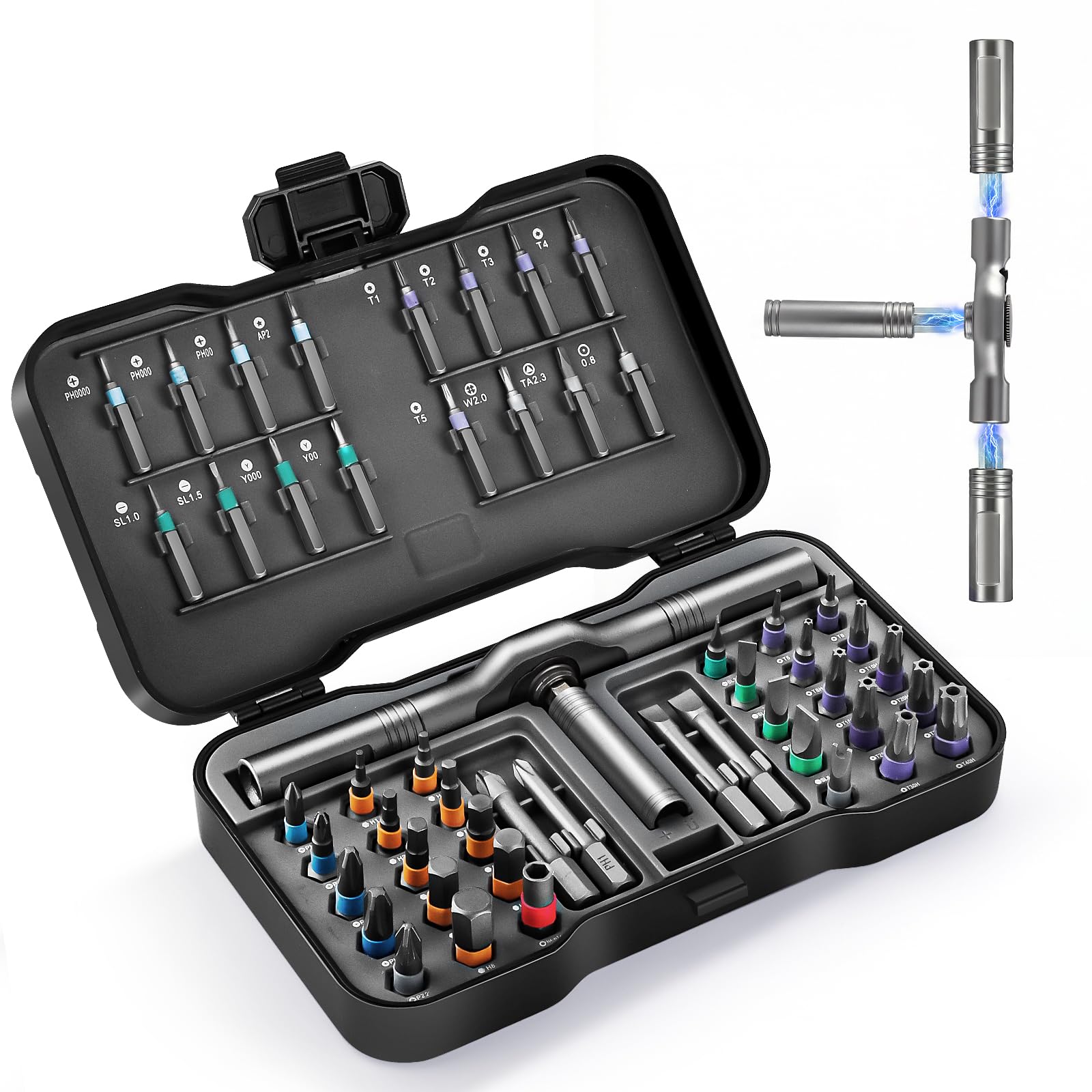 Set cacciavite a cricchetto, 50 in 1 set cacciaviti magnetico, cacciavite S2 con cricchetto a 58 denti, manico a T rimovibile per viti di mobili, strumenti di precisione, strumenti di bicicletta, ecc
