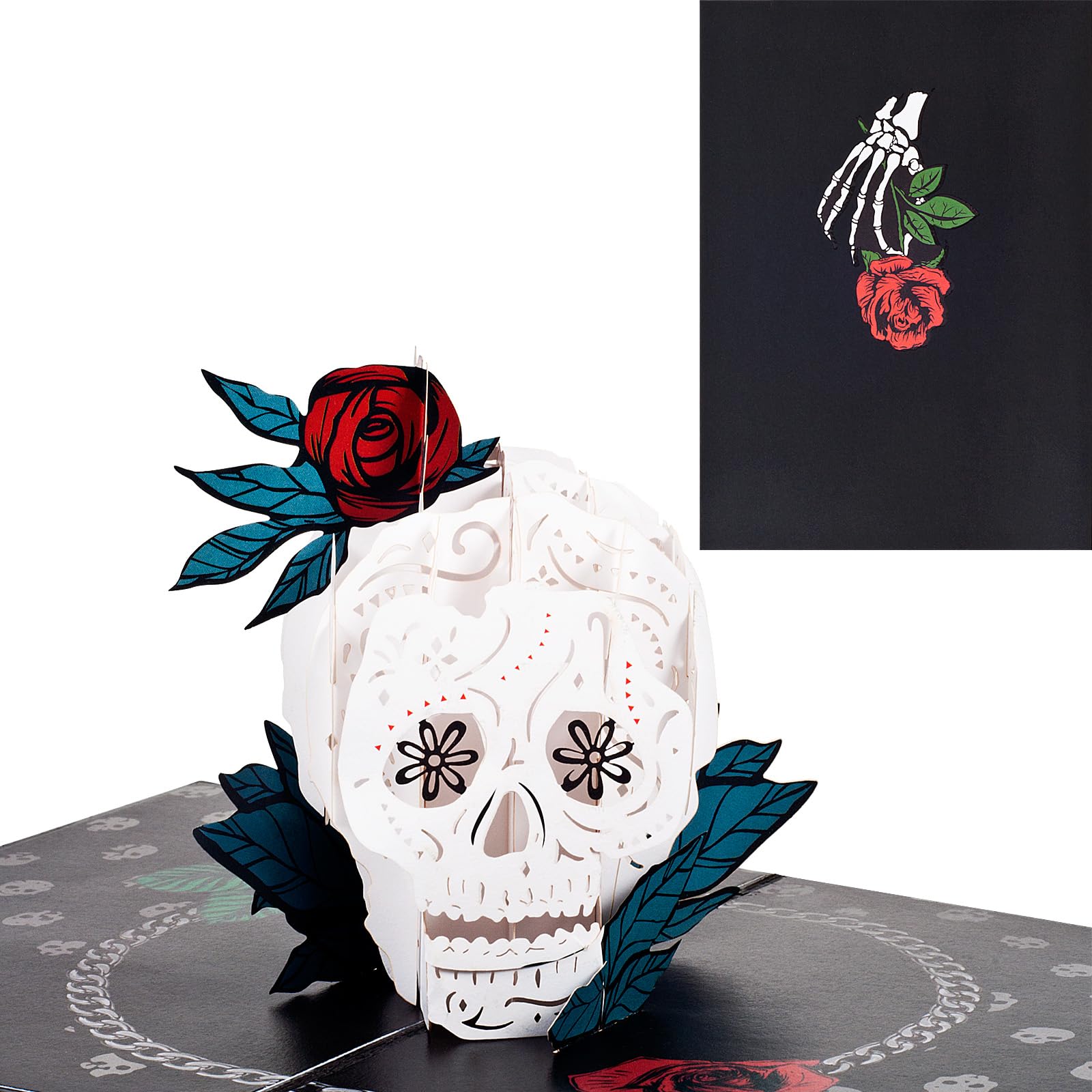 Biglietto 3D Pop-Up Di Halloween Con Teschio E Fiori – Cartolina Piegevole Con Busta – Decorazione Spettrale