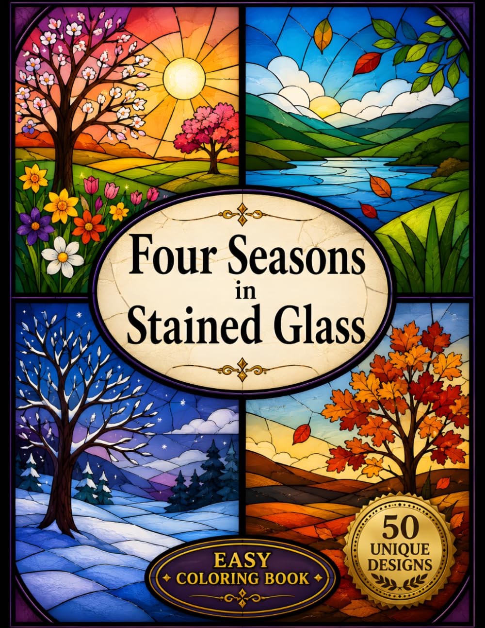 Four Seasons in Stained Glass Easy Coloring Book: Simple stained glass designs for Calm and Mindful Coloring