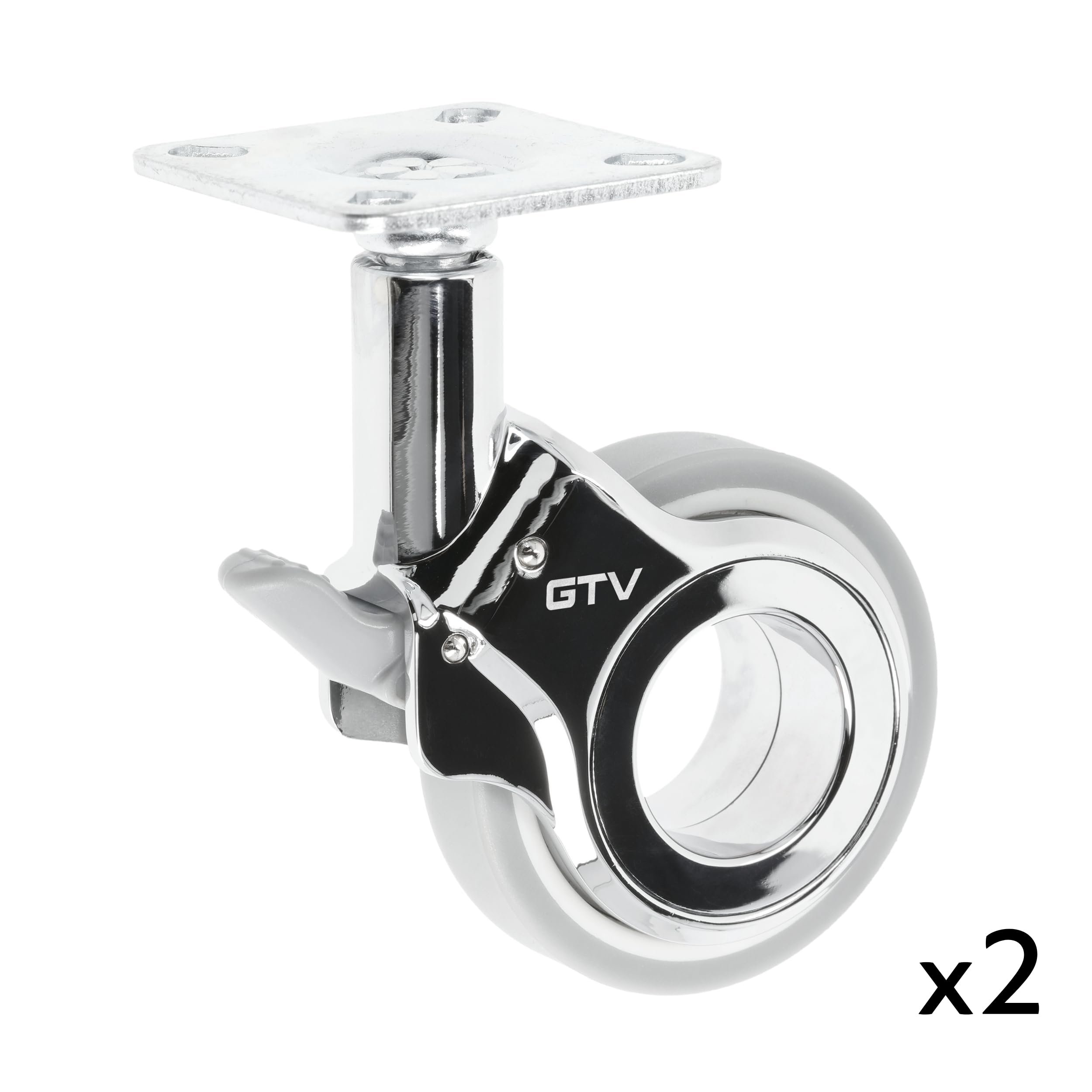 GTV – Rotelle per mobili GIRA, set di 2 ruote frenate + 2 ruote per mobili senza freno, cromato/grigio opaco, girevole a 360°, per scrivania, mensola, tavolino, sgabello, diametro 60 mm, altezza 94 mm