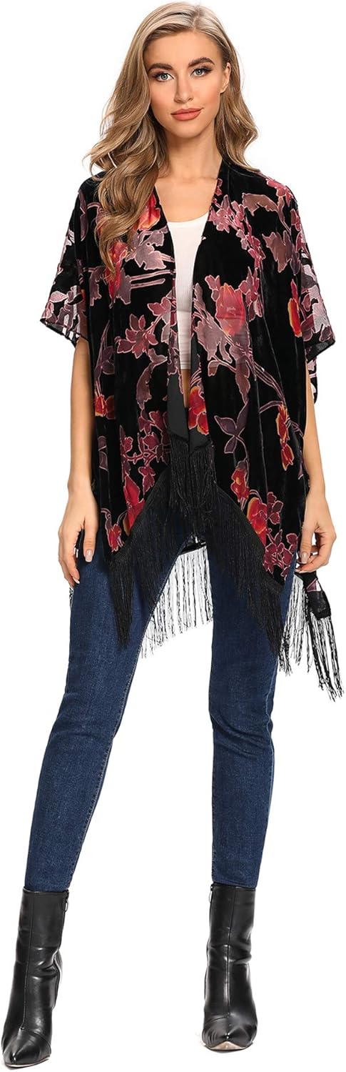 MJ SERECA Women's Burnout Velvet Kimono Cardigan Cover Up with Tassel - Image 6