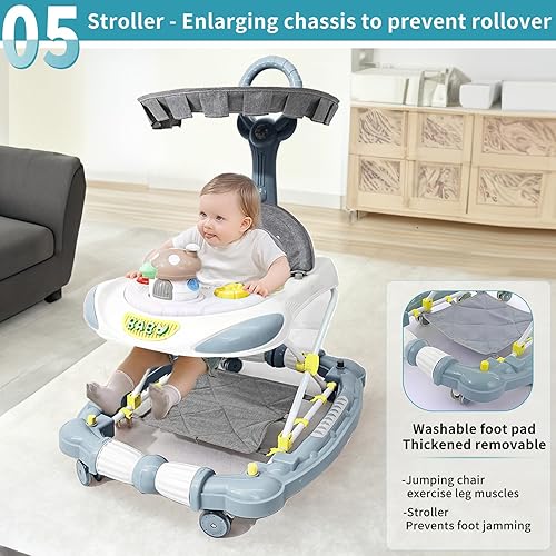 Miniatura 6 de Andador de bebé, 4 en 1 con ruedas, caballo mecedor variable, altura ajustable (8-17 pulgadas), con juguetes ligeros y musicalesalmohadillas para