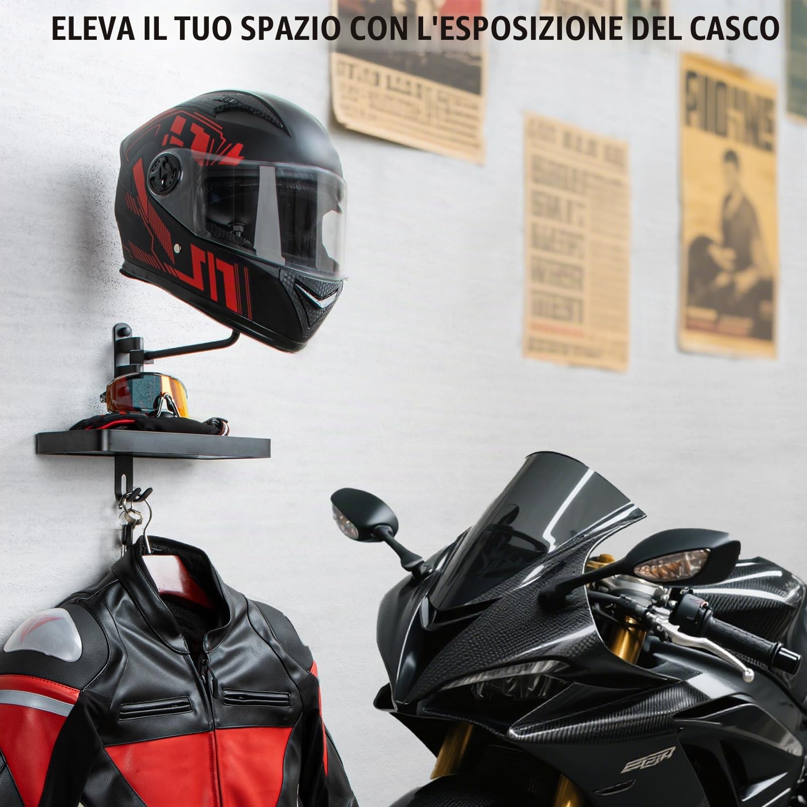PUERSI Portacasco a Parete, Design Girevole a 180 Gradi, Supporto per Casco per Biciclette da Corsa in Moto con Gancio per Appendere Abbigliamento Sportivo, Giacca, Chiavi