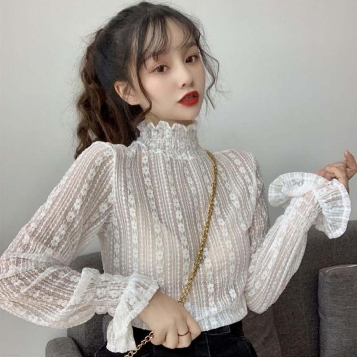 YEKEYI Lace Tops for Women Long Sleeve Mock Neck Sheer Blouse See Through Floral Lace Tops - Image 7