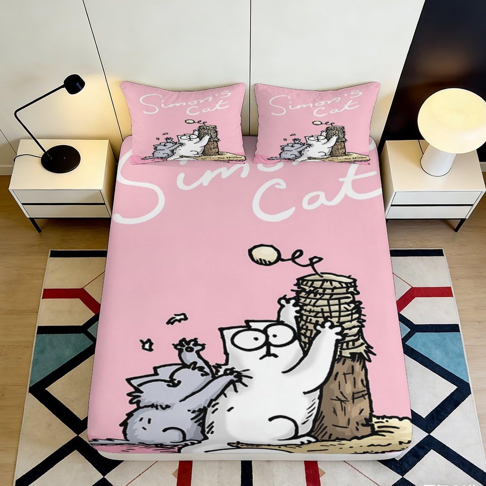 3D Printed Pink Cartoon Cat Fitted Sheet Microfiber Soft Non-slip Mattress Cover for Bedroom Guest Room Decor 200x200x25cm