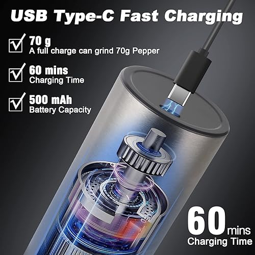 Miniatura 3 de Juego de molinillo eléctrico de sal y pimienta recargable por USB capacidad mejorada funcionamiento automático con una sola mano juego de molino de