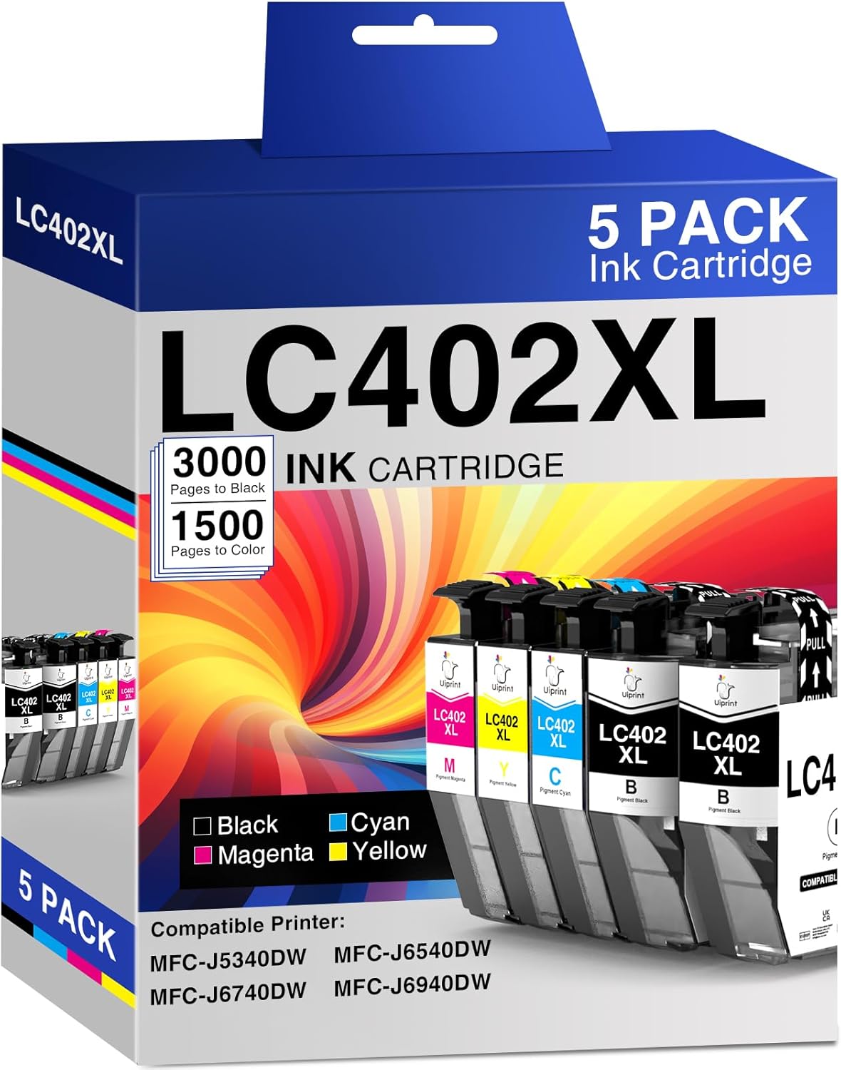 LC402XL Ink Cartridges Replacement for Brother LC402 XL Ink Cartridges for Brother MFC-J5340DW MFC-J6540DW MFC-J6940DW Printers, 5 Pack High Yield(2 Black, 1 Cyan, 1 Magenta, 1 Yellow)