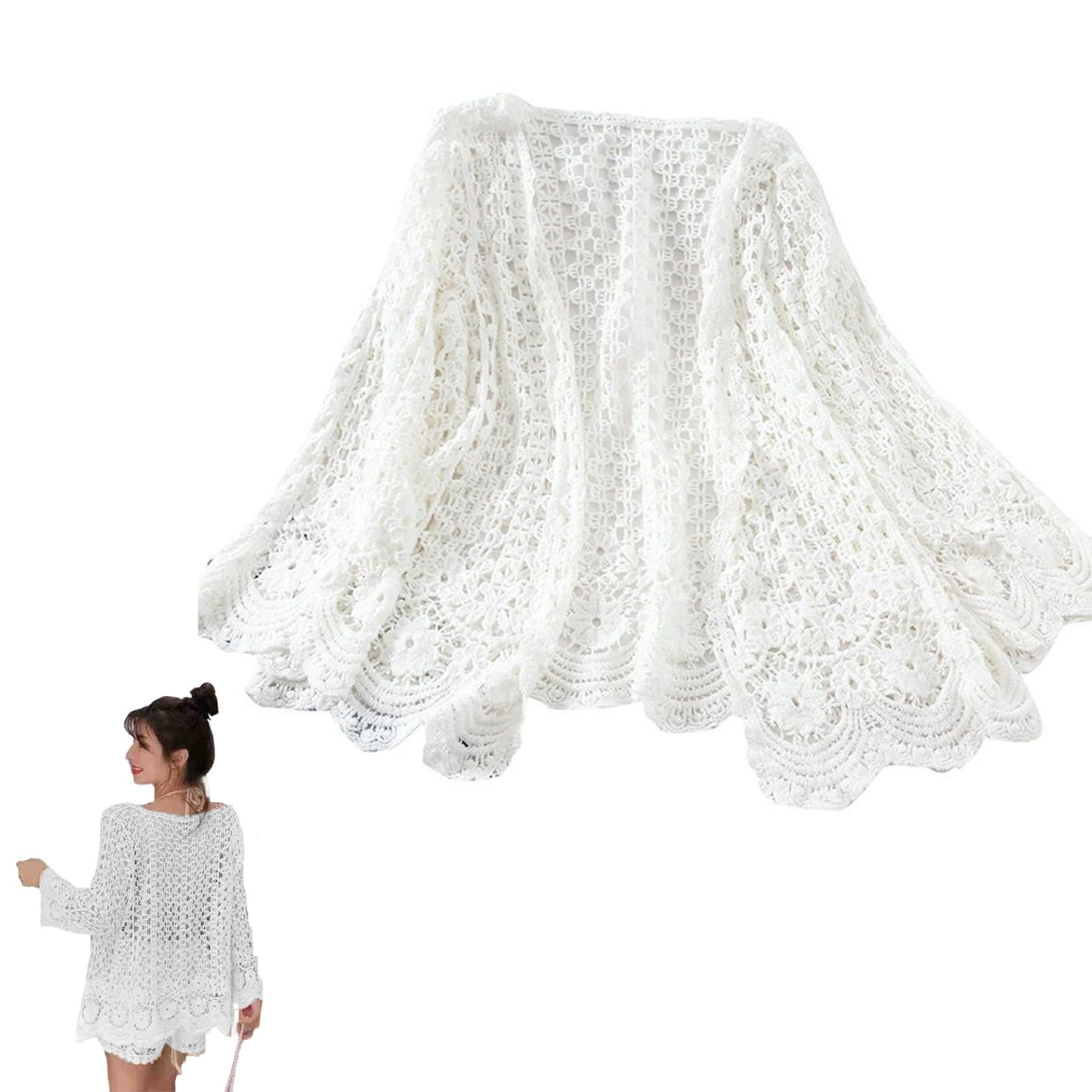 Striegro Unisex White Crochet Cardigan Sun Protection Soft Cotton Long Sleeve Hollow Out Crochet Summer Cardigans For Women Lightweight.