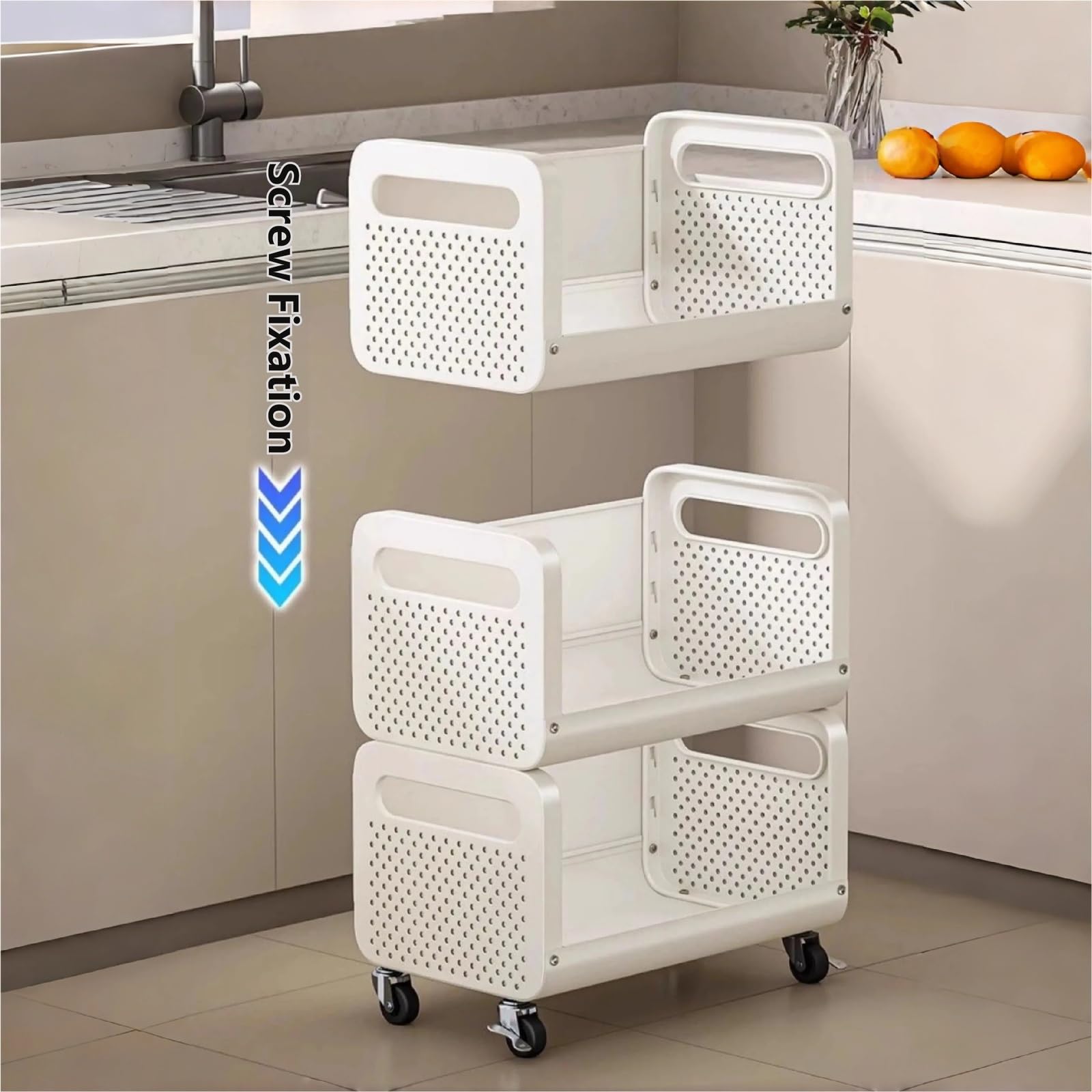 Magazzinaggio Carrello portaoggetti mobile da cucina a 3 livelli, ripiano organizer for cestini for frutta e verdura(Bianco)
