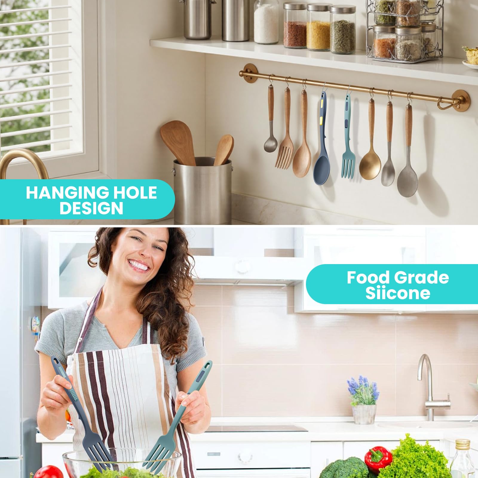 GZqiacang - Set di 4 forchette da cucina in silicone, resistenti al calore, in silicone, con 4 ganci, per cucinare, mescolare, utensili da portata (azzurro, blu scuro)