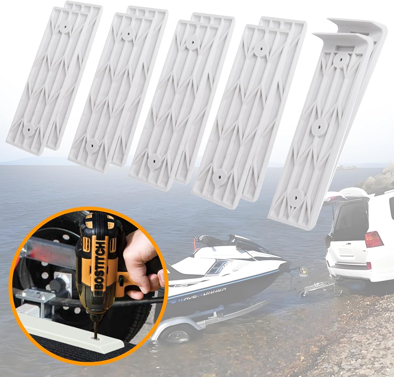 Boat Trailer Bunk Slides - 3” x 10” PVC Bunk Pads for Easy Loading & Unloading, Fits Most Trailers, Durable & Weather-Resistant White&Black