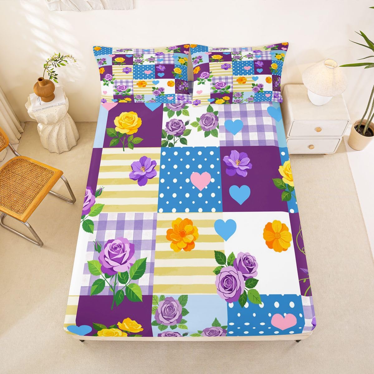 Manfei Juego de sábanas bajeras con diseño floral a cuadros, tamaño King, 3 piezas, estilo francés con 2 fundas de almohada, decoración de habitación de niños y niñas, ropa de cama suave (no plana)