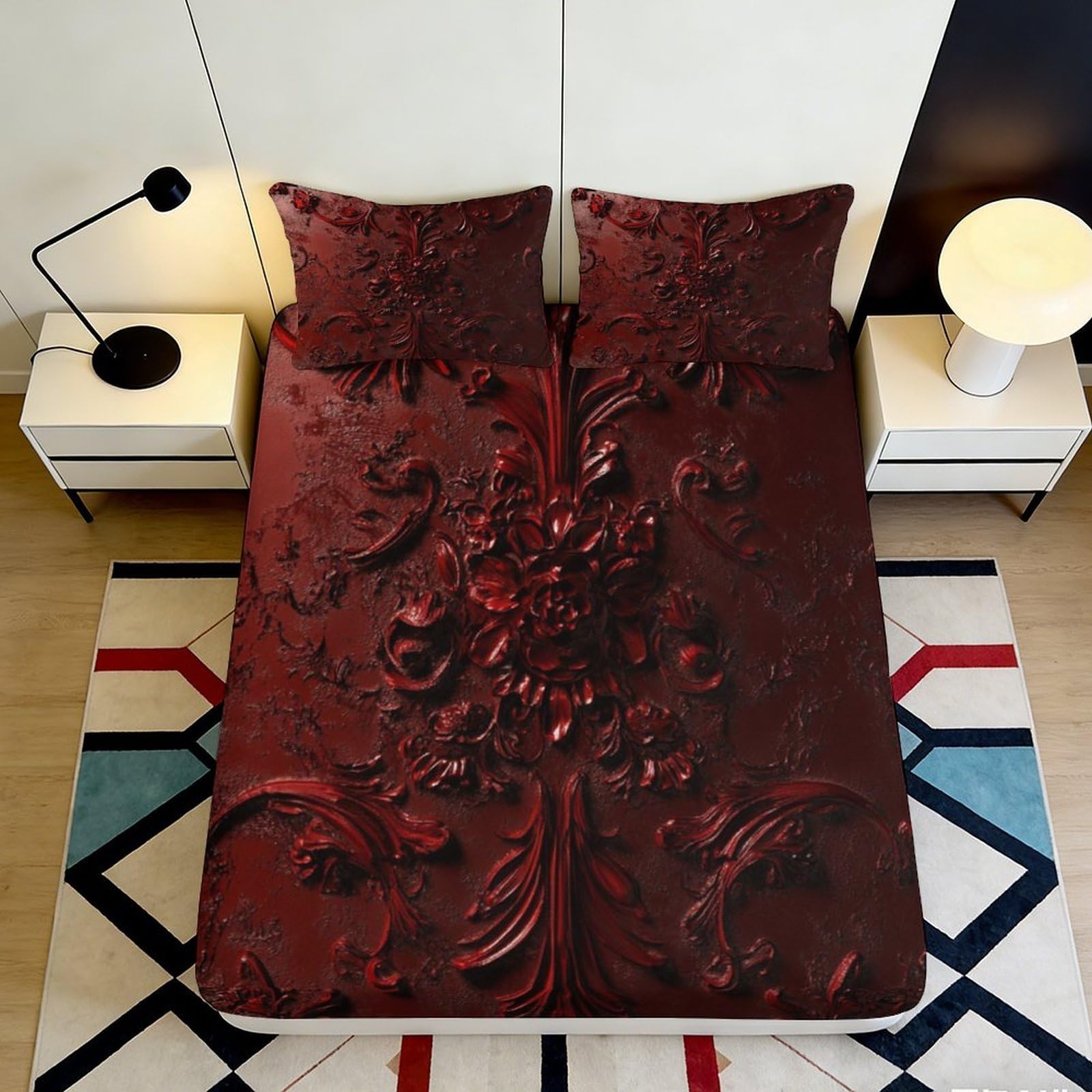 Pnayamiorkfel Style-6 3D Printed Baroque Floral Fitted Sheet Microfiber Deep Red Vintage Ornate Bed Cover For Bedroom Guest Room Decor 90X200x25cm