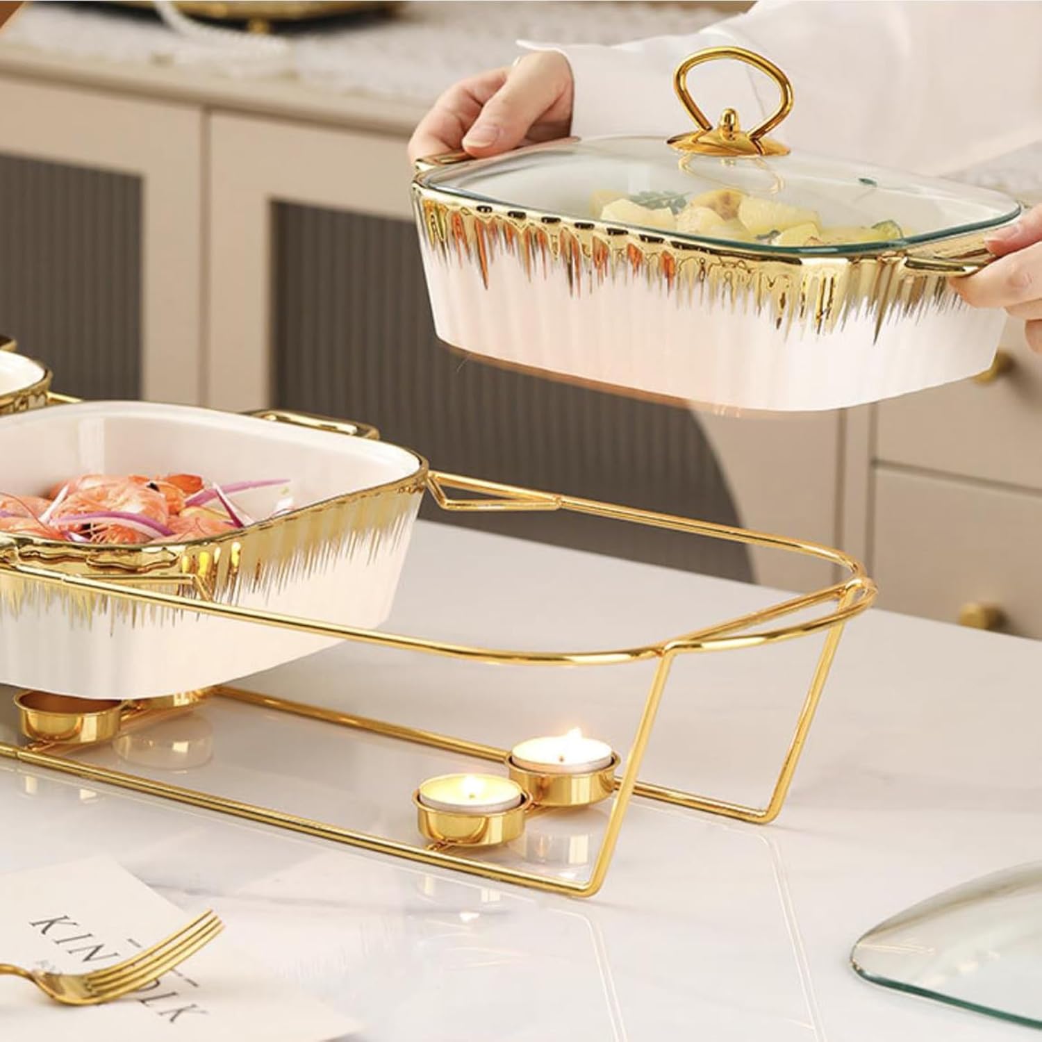 Ceramics Chafing Dish Buffet Set, Marble Finish Chafing Dish, Chafer and Buffet Warmer Set for Buffet Weddings Banquets Catering Events,Green (Green)