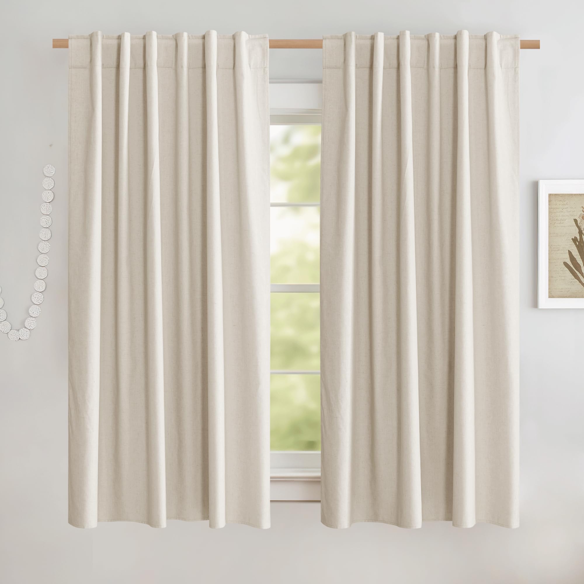 NICETOWN Natural Linen Curtains, Complete Blackout Drapes, Thermal Insulated & Noise Reducing Window Draperies with White Liner, Noise Reducing Short Drapes for Kids Room (52" W by 45" L, 2 Panels)