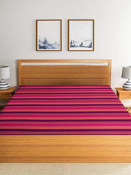 RANGBHAR Handloom Cotton Double Bedsheet Without Pillow Covers, Woven Striped Bedcover, 90 x 100 inch, Purple