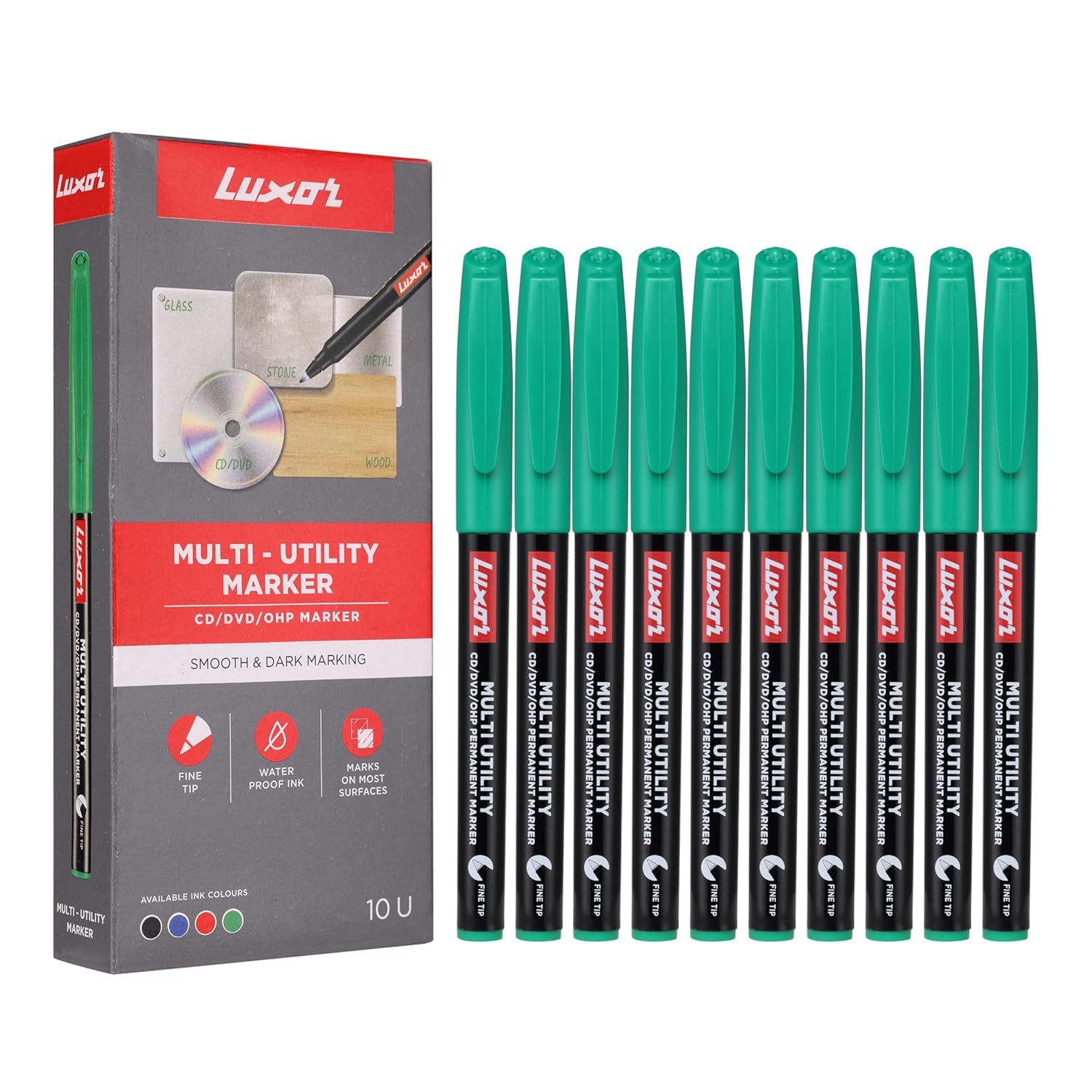 Sign Print Lab Luxor Permanent Marker Pens (Fine Tip, Pack of 10) – CD/DVD/OHP Surface Markers, Waterproof Ink for Marking, Writing, Drawing, Black Ball Pen (Green)