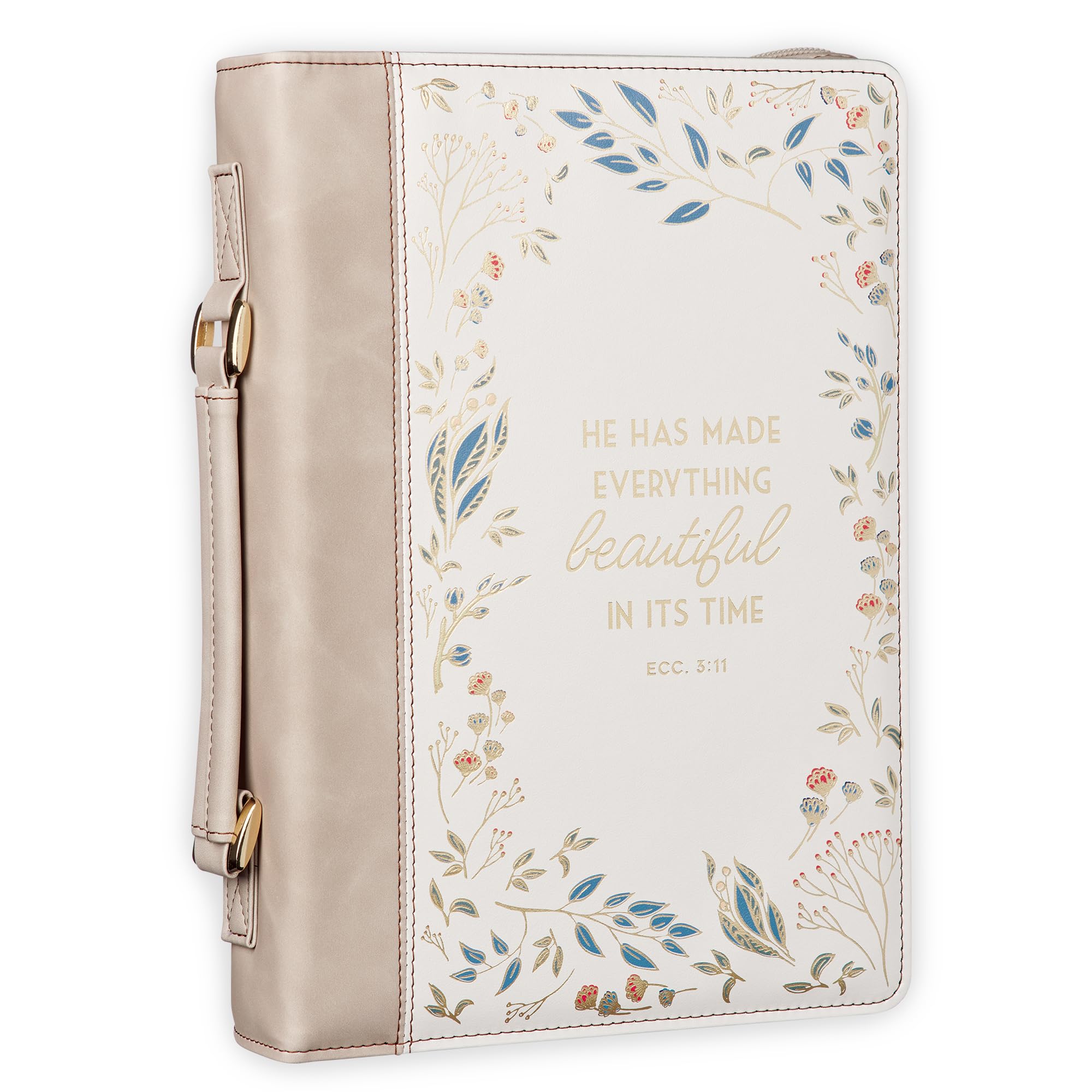 Christian Art Gifts Fashion Premium Vegan Leather Inspirational Bible Cover for Women: Everything Beautiful Encouraging Golden Bible Verse, Pen Loops,