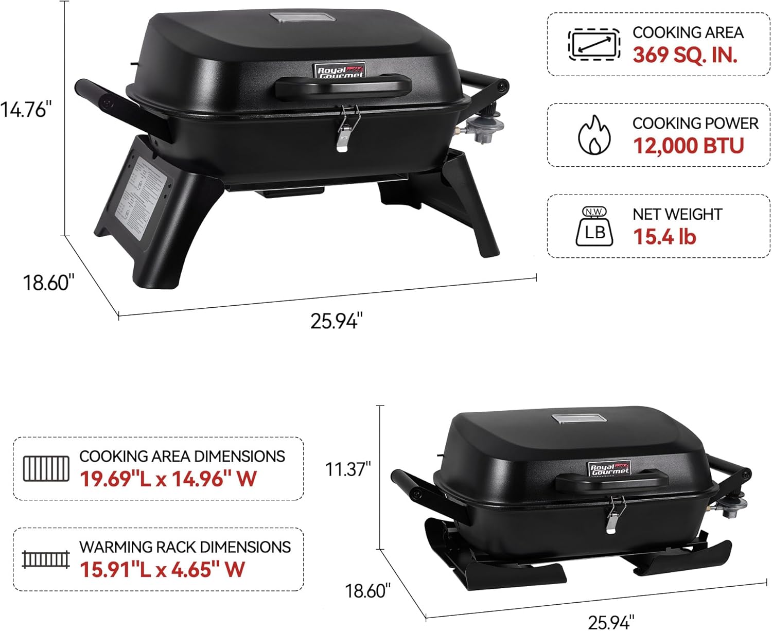 GT2007 Portable Tabletop Gas Grill, 12,000 BTU Output for Outdoor Camping, Foldable Legs, Piezo Ignition, Built-in Thermometer, for Tailgates and Camping Trips, Black