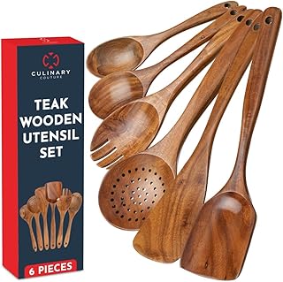 Teak Wooden Utensil Set 6-Piece - Smooth Finish Wooden Spoons for Cooking - Comfortable Grip, Non Scratch Premium Kitchen Wooden Cooking Utensils Set Teak Wood Cooking Utensils