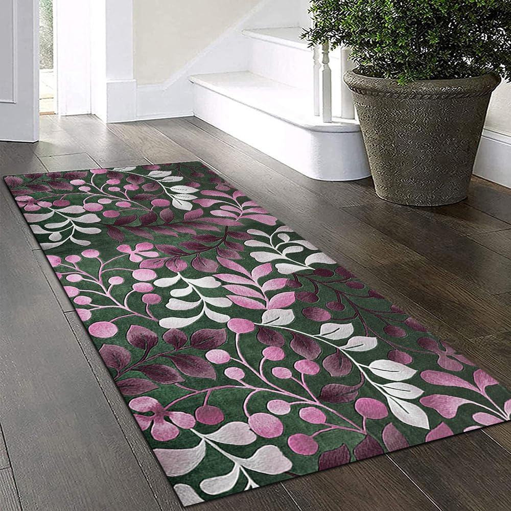 Passatoia Cucina Lavabile 2 metri Gris rose vert Motivo foglia in 3D Tappeto Cucina Tappeto Antiscivolo Cucina Durevole Tappeto Corridoio Lungo Tappeto Per Cucina,Soggiorno，60x200cm
