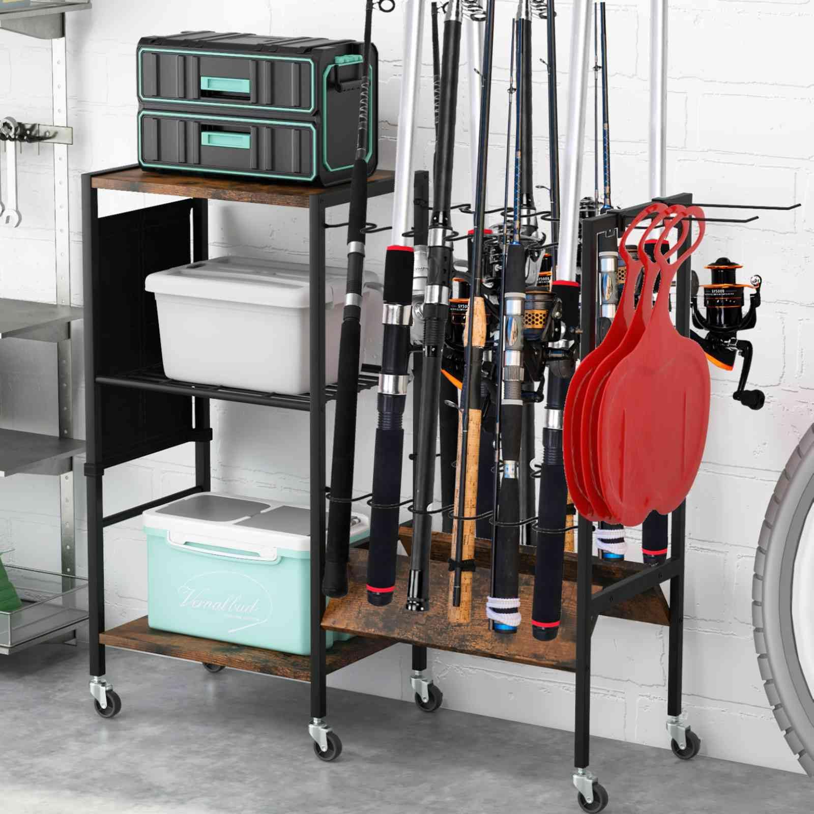 TANGZON Fishing Rod Holders Tackle Cart, 12 Rods Fishing Gear Equipment Organizers with Lockable Universal Wheels, Fishing Rod Storage Rack Combos for Garage Home Indoor Outdoor