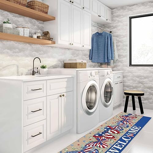 Miniatura 214 de Alfombras y tapetes de cocina Hello Fall, 2 unidades, color azul, naranja, calabaza, hoja de arce, pájaros, alfombras antideslizantes con pasillo