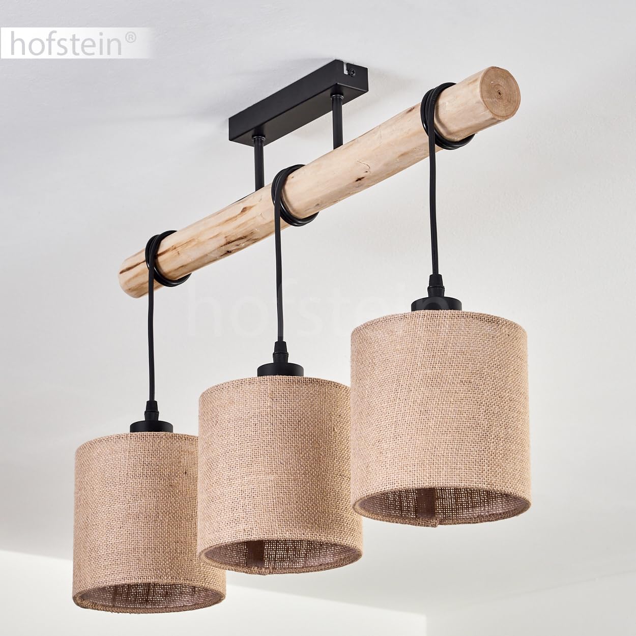 HOFSTEIN Lampada da soffitto Soungou moderna lampada da soffitto in legno/metallo/lino naturale/nero/beige, plafoniera a 3 luci, design scandinavo, 3 lampadine E27, altezza max. 82 cm, senza lampadina
