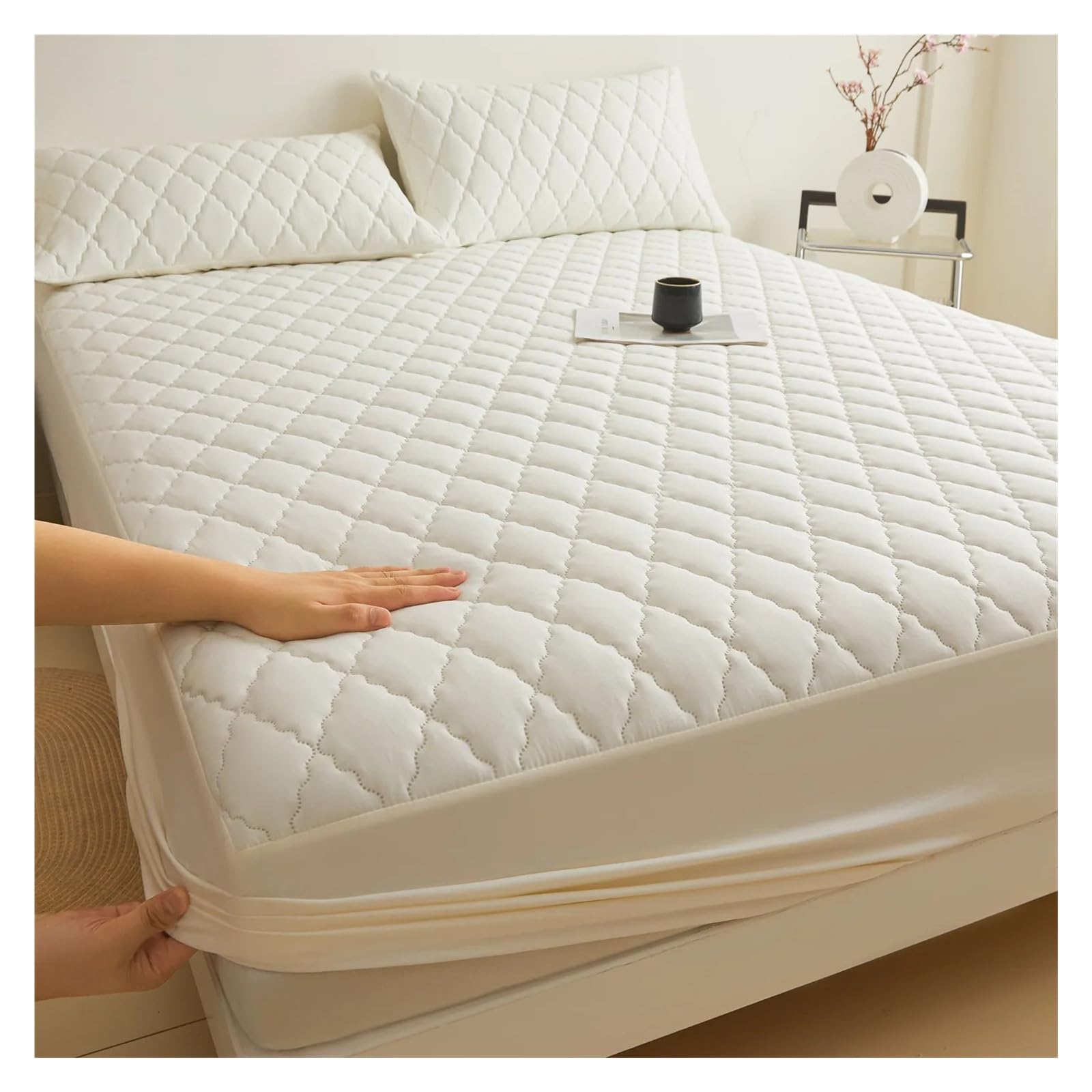 Waterproof Mattress Protector 3Pcs/Set, Quilted Mattress Topper Pad, Elastic Band Fitted Sheet,With Pillowcases(White,140x200cm 3pc a Set)