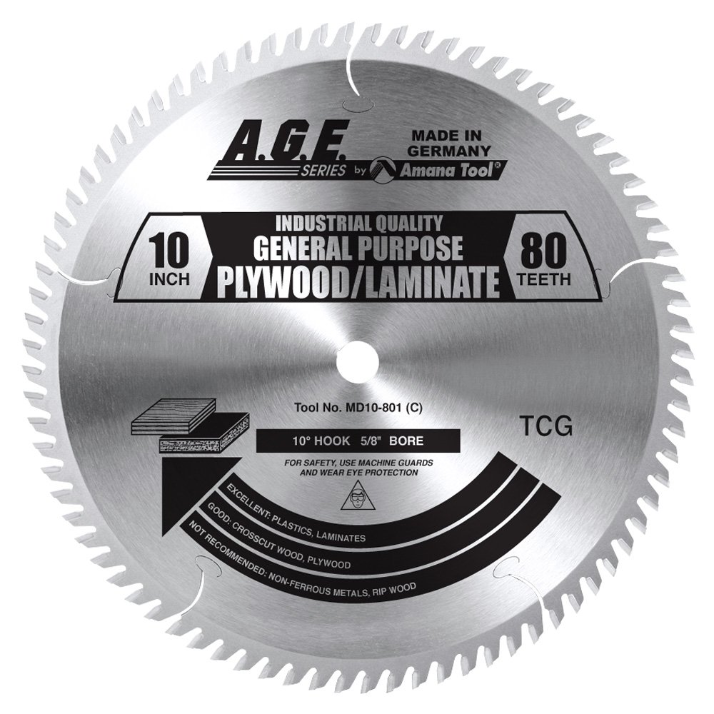 A.G.E. Series by Amana Tool MD10-801 Plywood/Laminate 10-Inch Diameter by 80-Teeth by 5/8-Inch Bore, Triple Chip Grind Carbide Tipped Saw Blade