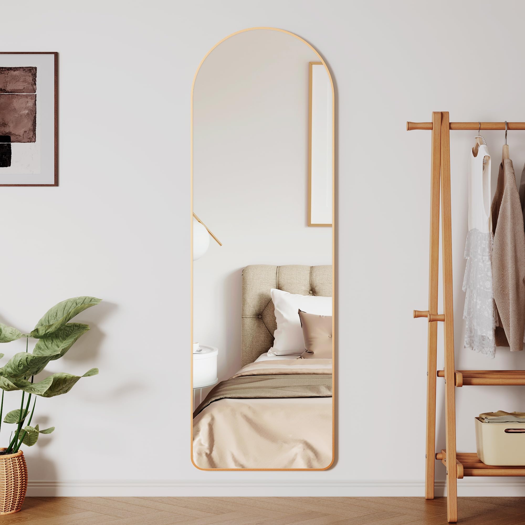 Clevich Grand Miroir sur Pied 162 x 50 cm Cadre Aluminium Support Métal Miroir Mural Arche HD Doré