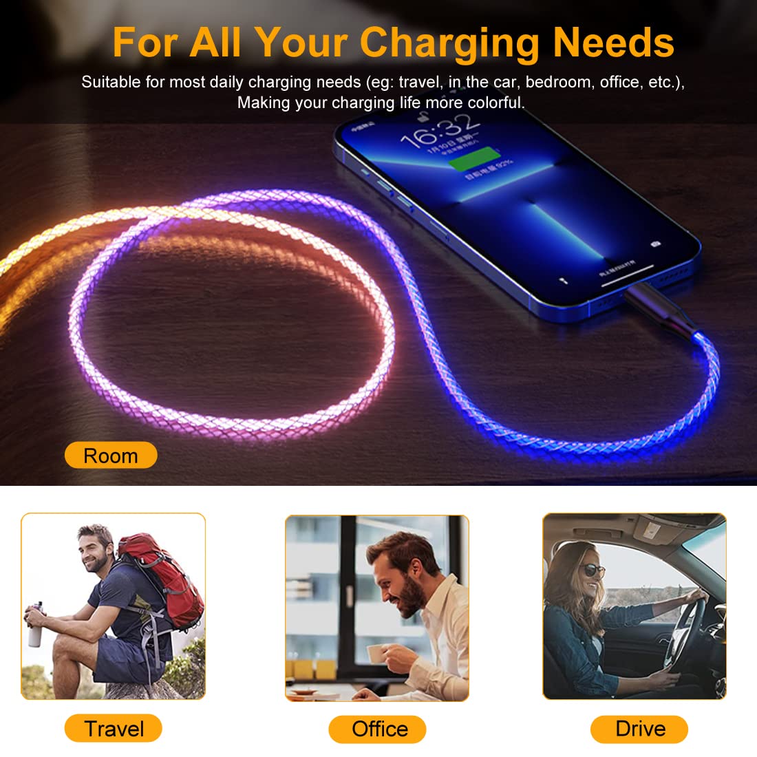 Cable de iPhone con certificación MFi, 3.3 pies RGB de color iluminado, cable de carga rápida USB de sincronización de datos de alta velocidad para iPhone 14 13 12 11 Pro Max XR XS X 8 7 6 7
