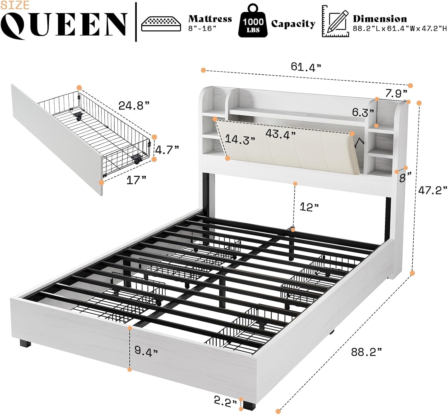 AMERLIFE Queen Size Bed Frame with Bookcase Headboard, 4 Drawers & Hidden Storage, Upholstered Cushion Backrest, Wooden Platform Bed with Charging Station, Heavy Duty Metal Frame, Rustic White
