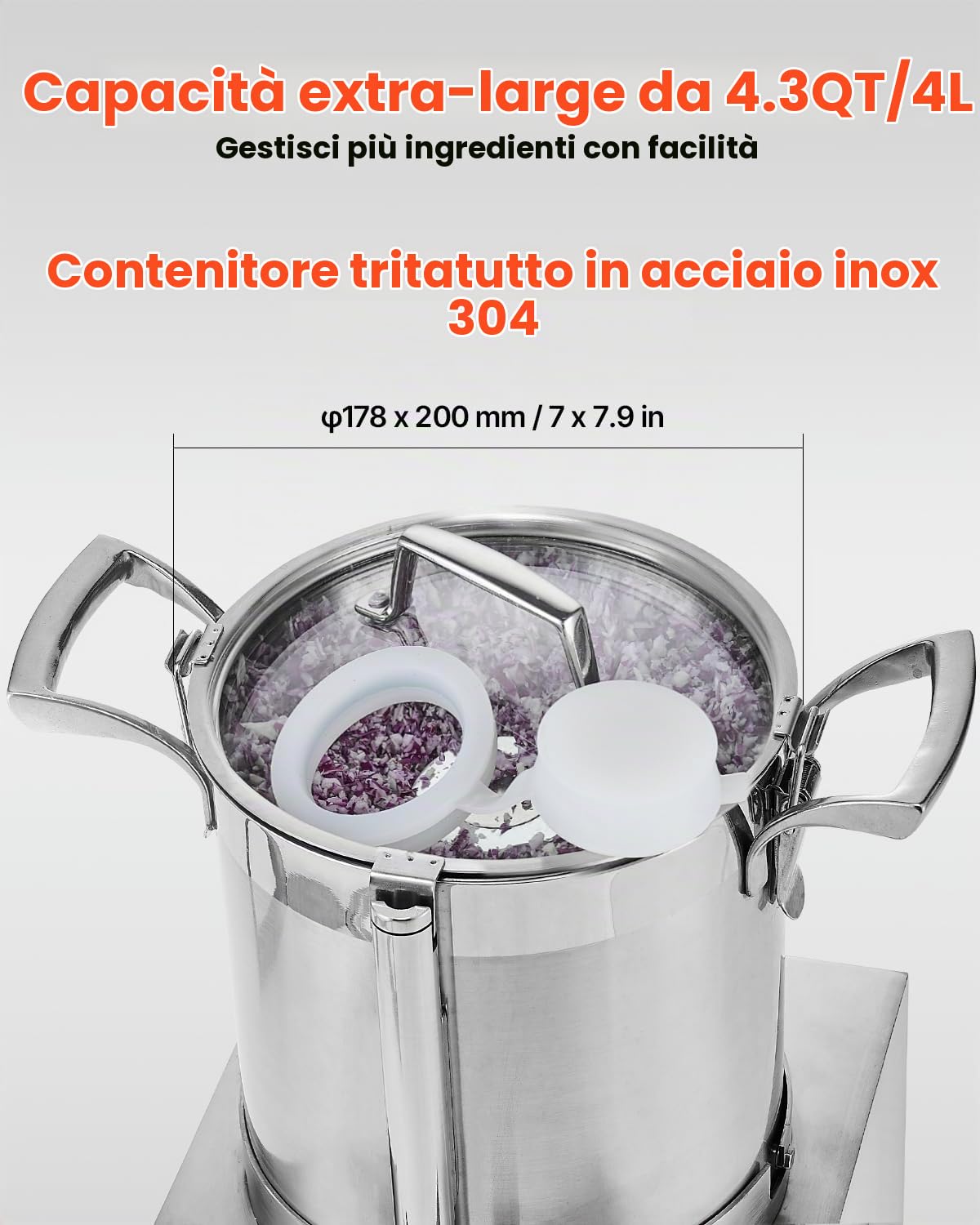 VEVOR Robot da Cucina Tritatutto per Verdure, Robot da Cucina in Acciaio Inox per Uso Alimentare 4 Litri 2 Lame Extra Curve a S, Tritatutto Multifunzionale da Cucina per Alimenti Verdure, Frutta